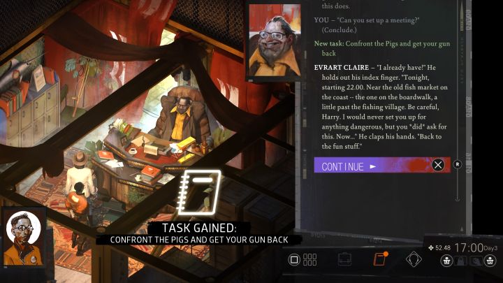 Musicie najpierw zająć się zaliczeniem zadań Wytrop swoją broń, Otwarcie dla Evrarta drzwi do mieszkania oraz Zdobądź dwa podpisy dla Evrarta - Disco Elysium: Spotkaj się ze Świniarką i odzyskaj swoją broń - solucja - Disco Elysium - poradnik do gry