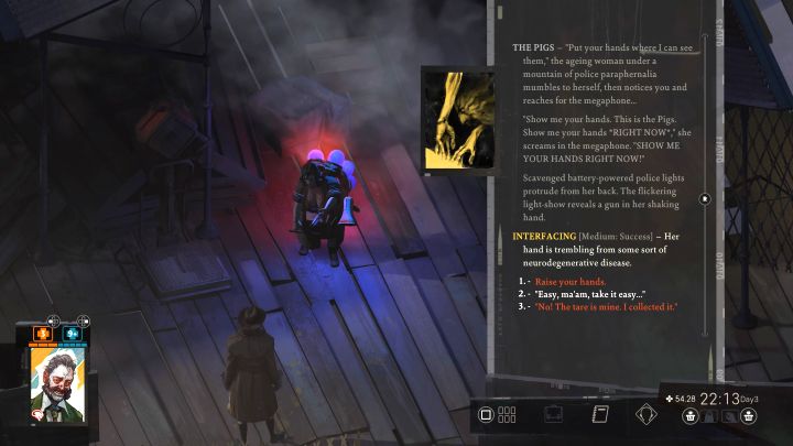 Musicie umiejętnie rozegrać tę konfrontację - kobieta posiada broń Harryego i domyślnie będzie chciała Was aresztować jako podejrzanych - Disco Elysium: Spotkaj się ze Świniarką i odzyskaj swoją broń - solucja - Disco Elysium - poradnik do gry
