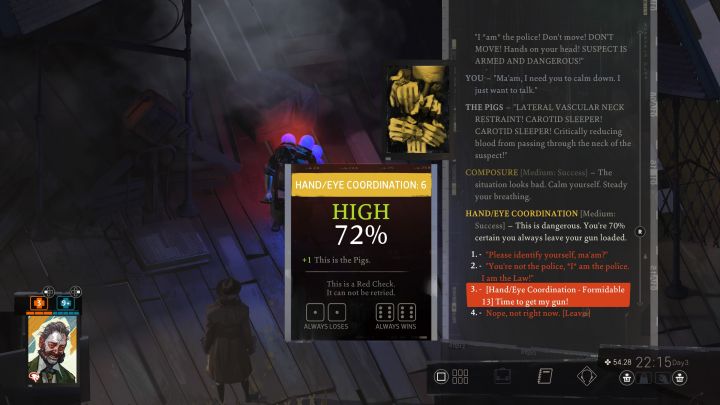Z odzyskaniem broni powiązany jest obowiązkowy test umiejętności Koordynacja oko-ręka - Disco Elysium: Spotkaj się ze Świniarką i odzyskaj swoją broń - solucja - Disco Elysium - poradnik do gry