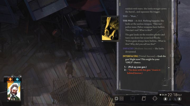 Niezależnie od wyniku testu umiejętności broń wyląduje na ziemi - Disco Elysium: Spotkaj się ze Świniarką i odzyskaj swoją broń - solucja - Disco Elysium - poradnik do gry