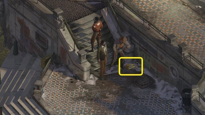 Wyjdźcie z hostelu, przejdźcie obok księgarni i udajcie się do miejsca widocznego na powyższym obrazku - Disco Elysium: Jak znaleźć żółtą plastikową torbę Fritte (Yellow Plastic Bag) - Disco Elysium - poradnik do gry