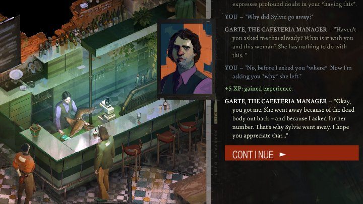 Podejdźcie do lady barowej, by porozmawiać z Garte - kierownikiem kawiarni (The cafeteria manager) - Disco Elysium: Przesłuchaj kierownika baru - solucja, opis przejścia - Disco Elysium - poradnik do gry