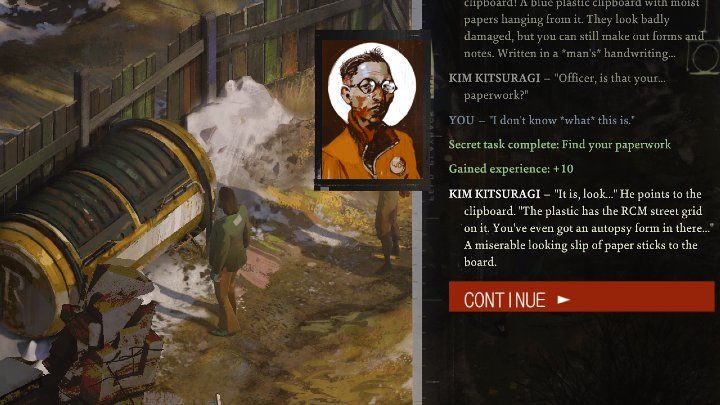 Księgę z dokumentami (Ledger) znajdziecie w zamkniętym kontenerze na śmieci (Trash container) na tyłach budynku hotelu Whirling-In-Rags - Disco Elysium: Znajdź swoje papiery - solucja - Disco Elysium - poradnik do gry