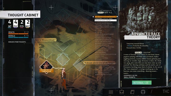 Przejdźcie do Gabinetu Myśli (Thought Cabinet) i rozpocznijcie badanie myśli Zaawansowana teoria rasy (Advanced Race Theory) - Disco Elysium: Czym jest rasowa enigma? - solucja - Disco Elysium - poradnik do gry