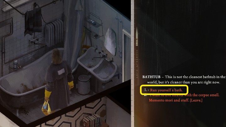 Gdy kran będzie naprawiony, będziecie mogli wejść w interakcję z wanną i pozwolić Harrierowi na kąpiel (Run yourself a bath) - Disco Elysium: Zmyj smród śmierci - solucja - Disco Elysium - poradnik do gry