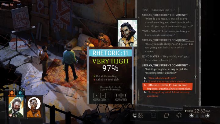 Zaczekajcie ponownie do 22:00 i zapiszcie swoje postępy - Disco Elysium: Dołącz do organizacji - solucja - Disco Elysium - poradnik do gry