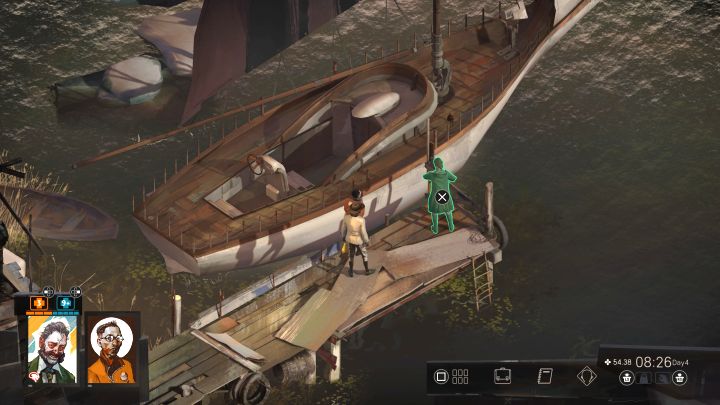 Dla przypomnienia Joyce to kobieta podróżująca jachtem - w zależności od stadium gry jej jacht może być zacumowany obok budynku mieszkalnego we wschodnim Martinaise lub, w późniejszych dniach, w wiosce rybackiej (powyższy obrazek) - Disco Elysium: Porozmawiaj z Joyce o szarocie bez Kima w pobliżu - solucja - Disco Elysium - poradnik do gry