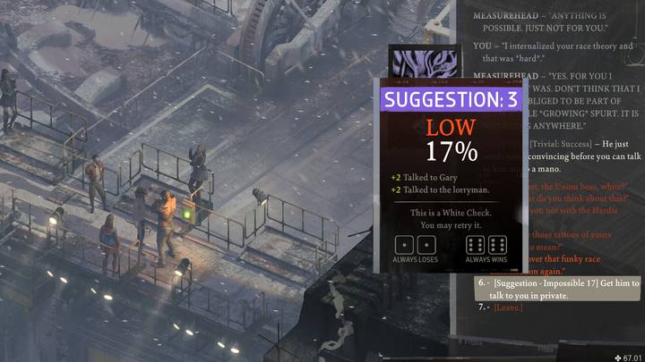 W rzeczywistości wystarczyłoby porozmawiać tylko z Miarogłowym, gdyż to on przeprowadzi Was przez dalszą część zadania - Disco Elysium: Cofnij ruch kół czasu - solucja - Disco Elysium - poradnik do gry
