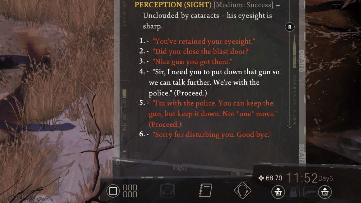 W początkowej części rozmowy wskazane jest zmuszenie Dezertera do odłożenia karabinu na ziemię zamiast pozwolenia mu na trzymanie go w dłoni - Disco Elysium: Spraw, aby dezerter przyznał się do winy - solucja - Disco Elysium - poradnik do gry