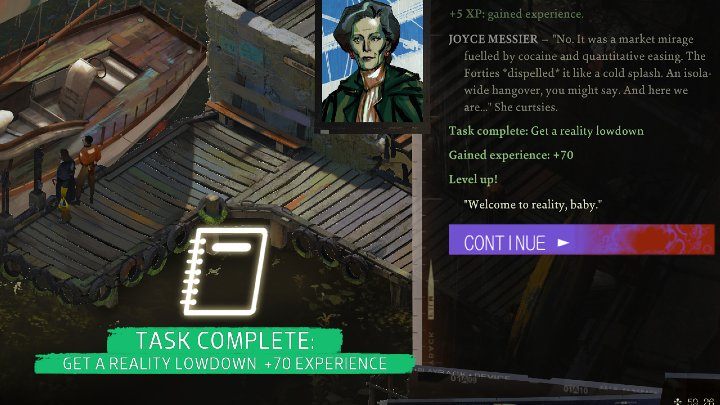 Do zaliczenia tego zadania należy w trakcie rozmowy poruszyć co najmniej dwa tematy - Disco Elysium: Otrzymaj pomoc w zrozumieniu rzeczywistości - solucja - Disco Elysium - poradnik do gry