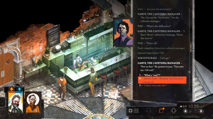 W zadaniu tym należy zapłacić Garteowi (kierownik kawiarni w Whirling-In-Rags) za szkody wyrządzone w pokoju hotelowym - Disco Elysium: Zapłać za szkody - solucja - Disco Elysium - poradnik do gry