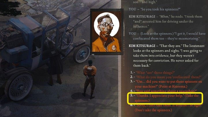 Jeśli nie wykonaliście pierwszego dnia żadnych kroków w stronę spłaty długu, to o godzinie 22:00 Kim zechce porozmawiać z Harrym, a na jego karcie postaci wyświetli się dymek tekstowy - Disco Elysium: Zapłać za szkody - solucja - Disco Elysium - poradnik do gry