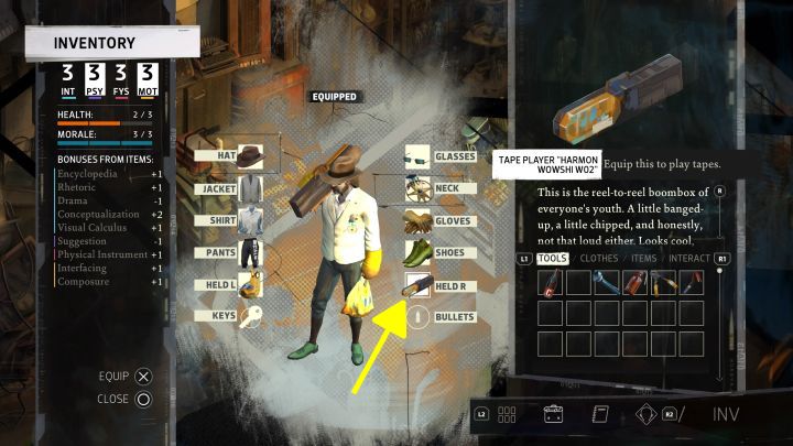 Magnetofon zaliczany jest do narzędzi w oknie ekwipunku - umieśćcie go w jednej z dłoni bohatera - Disco Elysium: Zaśpiewaj karaoke - solucja - Disco Elysium - poradnik do gry