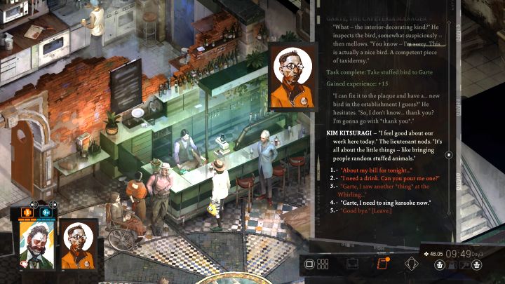 Ostatni etap zadania to przekonanie Gartea, by pozwolił Harryemu zaśpiewać - porozmawiajcie z nim w barze Whirling-in-Rags - Disco Elysium: Zaśpiewaj karaoke - solucja - Disco Elysium - poradnik do gry