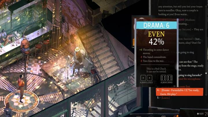Dotrzyjcie do baru po godzinie 19:00 i wejdźcie w interakcję z mikrofonem, przy czym nie sprawdzajcie czy działa (ryzyko wzrostu poziomu stresu) - Disco Elysium: Zaśpiewaj karaoke - solucja - Disco Elysium - poradnik do gry