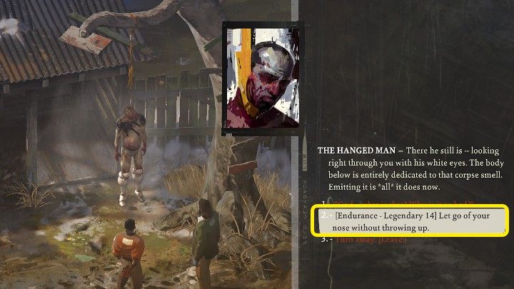 Po zdobyciu amoniaku wróćcie do wisielca i spróbujcie przejść test umiejętności Wytrzymałość - Disco Elysium: Obejrzyj ciało ofiary - solucja - Disco Elysium - poradnik do gry