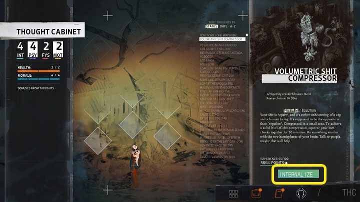 Przejdźcie do Gabinetu Myśli i z listy po prawej stronie wybierzcie Wolumetryczny ogarniacz gówna, a następnie kliknijcie przycisk badania myśli - Disco Elysium: Obejrzyj ciało ofiary - solucja - Disco Elysium - poradnik do gry