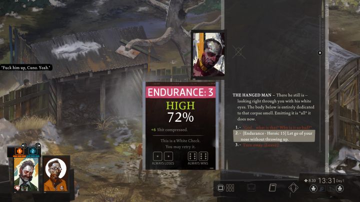 Wróćcie do wisielca i ponownie spróbujcie przejść test Wytrzymałości - Disco Elysium: Obejrzyj ciało ofiary - solucja - Disco Elysium - poradnik do gry