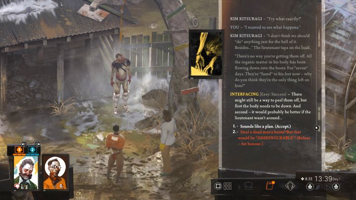 Druga opcja rozpoczęcia misji to próba ściągnięcia butów z nieboszczyka i deklaracja Kimowi, że chętnie byście je sprzedali - Disco Elysium: Zdobyć buty zmarłego - solucja - Disco Elysium - poradnik do gry