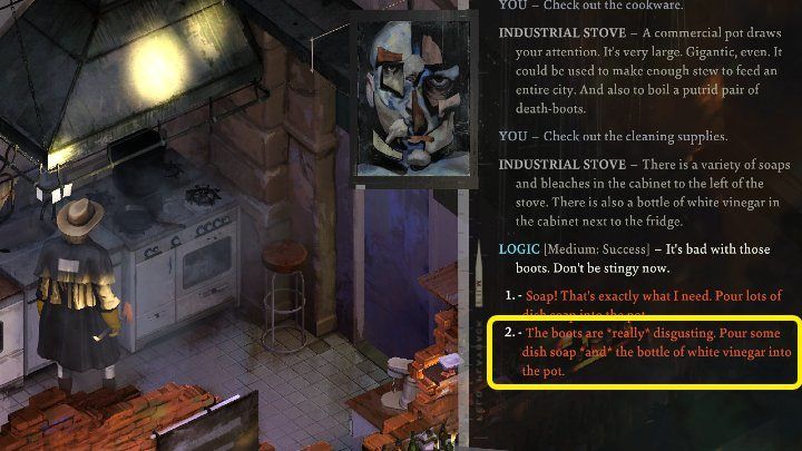 Wejdźcie w interakcję z dużym garnkiem na kuchence gazowej - zaznaczyliśmy go na obrazku - Disco Elysium: Zdobyć buty zmarłego - solucja - Disco Elysium - poradnik do gry