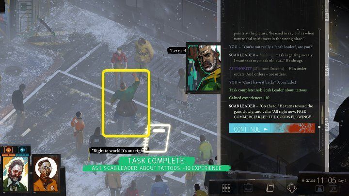 Jeśli dowiedzieliście się o przywódcy łamistrajków, to znajdziecie go przed wejściem do portu, na północny-zachód od Whirling-In-Rags - Disco Elysium: Tatuaże ofiary - solucja - Disco Elysium - poradnik do gry