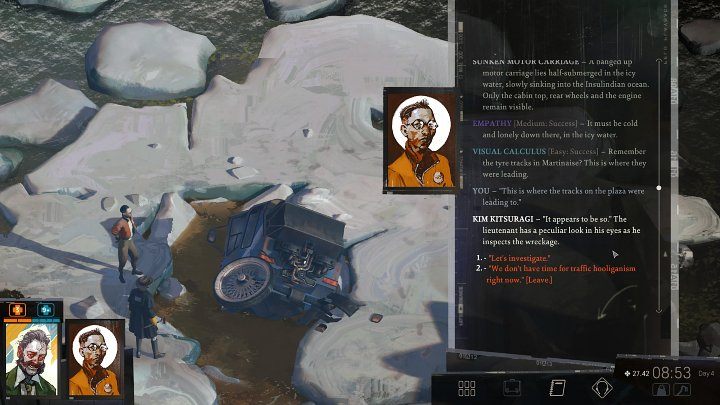 Przejdźcie przez śluzę, podejdźcie do wraku rozbitego pojazdu i zbadajcie go poprzez wybór opcji dialogowej Lets investigate - Disco Elysium: Znajdź swoją odznakę - solucja - Disco Elysium - poradnik do gry