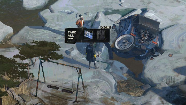 Po mniej więcej dwóch godzinach przyjdzie upragniony odpływ, a Harry i Kim będą mogli przeszukać wrak pojazdu (Well, at least I can see whats in there now) - Disco Elysium: Znajdź swoją odznakę - solucja - Disco Elysium - poradnik do gry