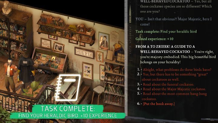 Przejdźcie do ekwipunku postaci i wejdźcie w interakcję z książką, a następnie przeczytajcie ją i określcie do jakiego gatunku kakadu Harry najlepiej pasuje - Disco Elysium: Znajdź swojego ptaka heraldycznego - solucja - Disco Elysium - poradnik do gry