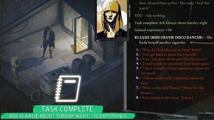 Wróćcie do Klaasje, gdy zostaniecie sami - wtedy możecie porozmawiać z nią na temat niedzielnej nocy (Now that Kim isnt here - lets talk about Sunday night) - Disco Elysium: Spytaj Klaasje o niedzielną noc - solucja - Disco Elysium - poradnik do gry