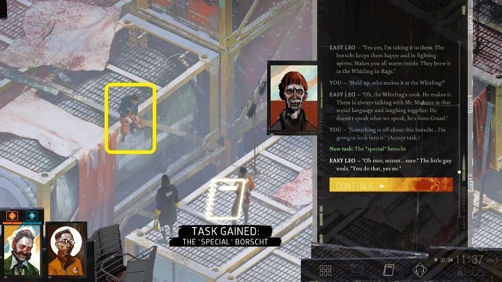 Zadanie możecie otrzymać od Easy Leo - mężczyzny siedzącego tuż obok wejścia do kontenera szefa Unii - Disco Elysium: Niezwykły barszcz - solucja - Disco Elysium - poradnik do gry