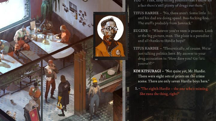 Pójdźcie do hotelu Whirling-In-Rags i skonfrontujcie się Titusem - Disco Elysium: Porozmawiaj z chłopakami Hardiego o handlu narkotykami - solucja - Disco Elysium - poradnik do gry