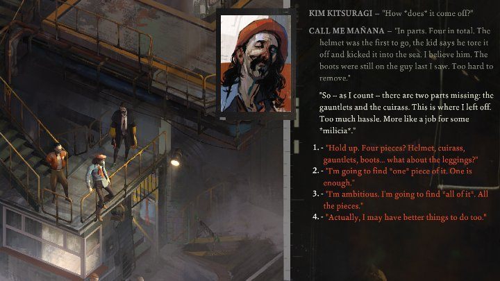 Z rozmowy z mężczyzną dowiecie się, że w skład zbroi wchodzą cztery elementy: hełm, buty, rękawice i pancerz - Disco Elysium: Znajdź wszystkie części pancerza - solucja - Disco Elysium - poradnik do gry