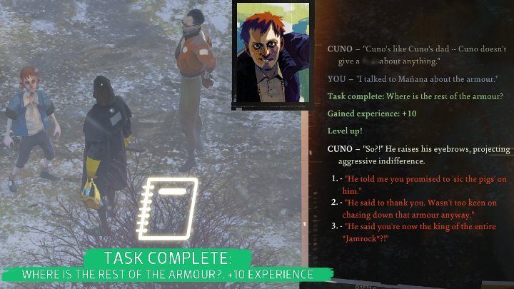Wróćcie do Cuno i powiedzcie mu, czego dowiedzieliście się od Call Me Manana, a zadanie zostanie wykonane - Disco Elysium: Znajdź wszystkie części pancerza - solucja - Disco Elysium - poradnik do gry
