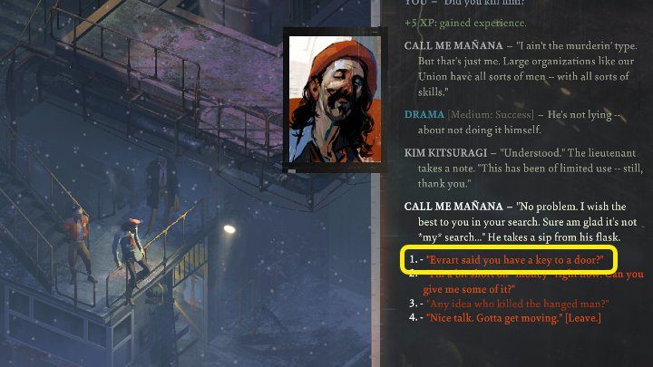 W pierwszej kolejności warto porozmawiać z NPC-em Call Me Manana i poprosić go o klucz do mieszkania, które trzeba otworzyć - Disco Elysium: Otwórz dla Evrarta drzwi do mieszkania - solucja - Disco Elysium - poradnik do gry