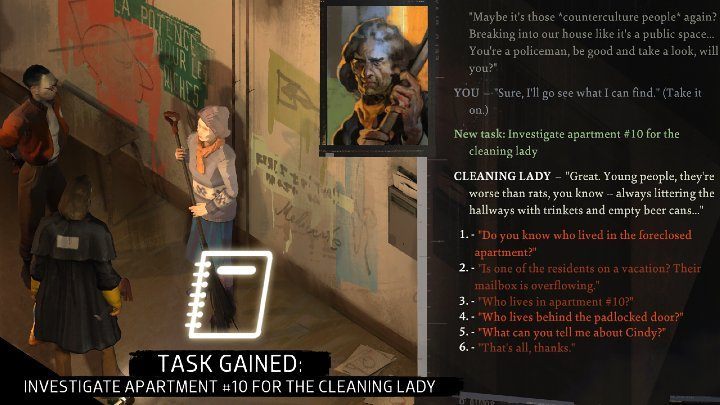 Zadanie możecie otrzymać w momencie, gdy po zbadaniu drzwi pokoju nr 10 zapytacie sprzątaczkę o to, kto tam mieszka: Who lives in apartment #10 - Disco Elysium: Sprawdź dla sprzątaczki, co dzieje się w lokalu nr 10 - solucja - Disco Elysium - poradnik do gry