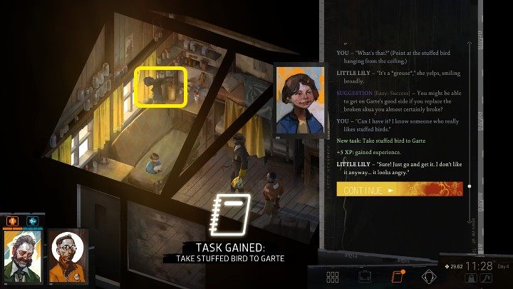 Zadanie otrzymacie w momencie, gdy zapytanie dziewczynkę siedzącą na łóżku o wypchanego ptaka, który wisi pod sufitem - Disco Elysium: Zabierz wypchanego ptaka do Gartea - solucja - Disco Elysium - poradnik do gry
