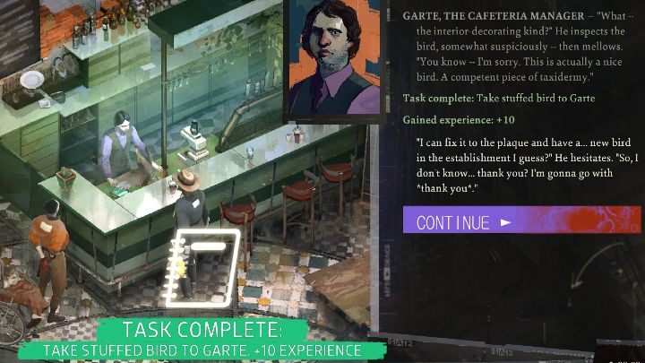 Wróćcie do hotelu Whirling-In-Rags i wręczcie wypchanego ptaka Garte (Garte, I found a new bird for the Whirling) - Disco Elysium: Zabierz wypchanego ptaka do Gartea - solucja - Disco Elysium - poradnik do gry