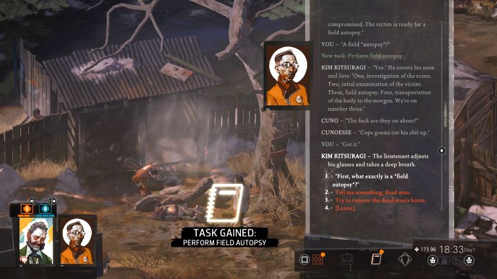 To jeden z zadań dotyczących powieszonego mężczyzny na tyłach Whirling-In-Rags - Disco Elysium: Przeprowadź polową sekcję zwłok - solucja - Disco Elysium - poradnik do gry