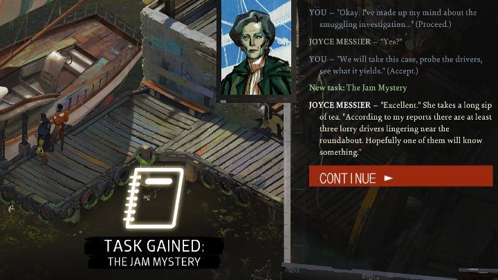 Podczas rozmowy z Joyce możecie udowodnić jej, że jesteście z policji (zaliczone zadanie Znajdź swoją odznakę) lub zbadać dla niej sprawę przemytu narkotyków - Disco Elysium: Tajemnica korka - solucja - Disco Elysium - poradnik do gry