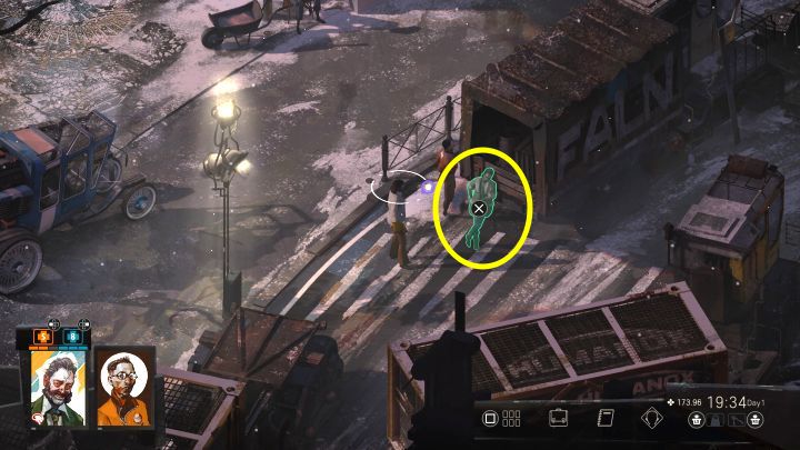 Tommy Le Homme to mężczyzna stojący przy ciężarówce, na wschód od auta Kima i na południe od wejścia do Whirling-in-Rags - Disco Elysium: Tajemnica korka - solucja - Disco Elysium - poradnik do gry