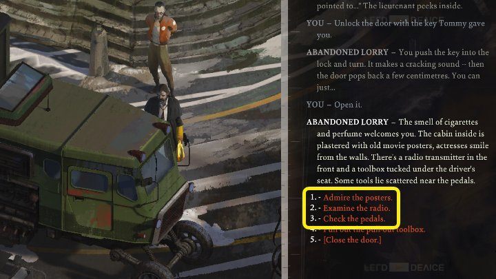 Zielona ciężarówka FALN stoi niedaleko miejsca strajku i pomniku konia - Disco Elysium: Tajemnica korka - solucja - Disco Elysium - poradnik do gry