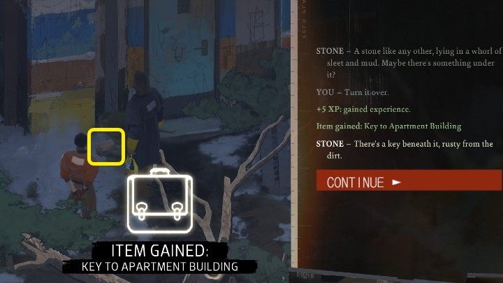 Na odchodne mężczyzna wskaże palcem na kamień leżący przed drzwiami budynku - Disco Elysium: Balkonowy palacz - solucja - Disco Elysium - poradnik do gry