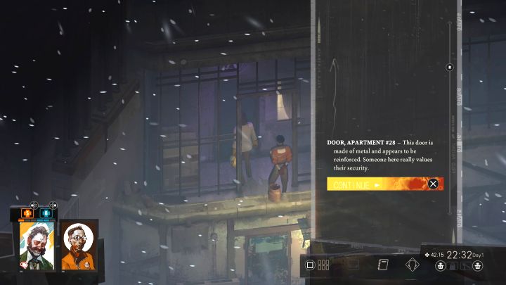 Wybierzcie wyjście na prawy balkon i dotrzyjcie do górnych lewych drzwi z obrazka - to mieszkanie numer 28 - Disco Elysium: Balkonowy palacz - solucja - Disco Elysium - poradnik do gry