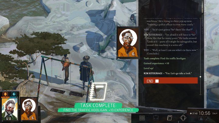Po mniej więcej dwóch godzinach przyjdzie upragniony odpływ, a Harry i Kim będą mogli przeszukać wrak pojazdu - Disco Elysium: Znajdź ulicznego chuligana - solucja - Disco Elysium - poradnik do gry