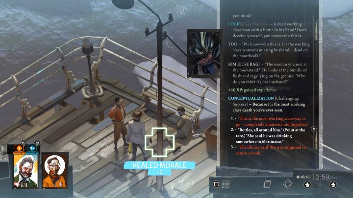 Dzięki obejrzeniu zwłok zdobędziecie kartę biblioteczną i ustalicie, że mężczyzna pasuje do opisu podanego przez kobietę - to zaginiony mąż - Disco Elysium: Znajdź męża z klasy robotniczej - solucja - Disco Elysium - poradnik do gry