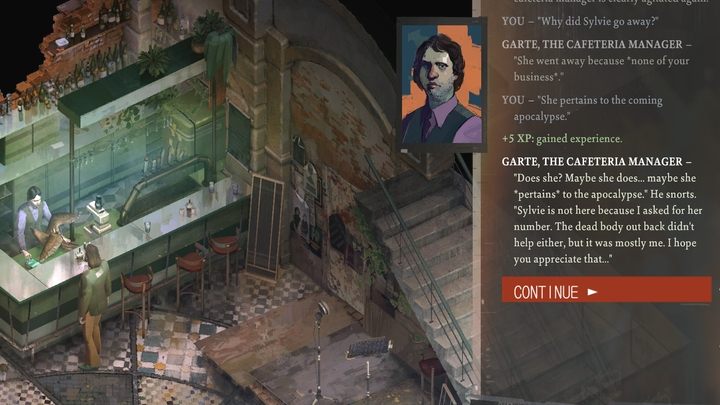 Najpierw musicie porozmawiać z Garteem o odejściu Sylvie - Disco Elysium: Porozmawiaj z Garteem w imieniu Sylvie - solucja, opis przejścia - Disco Elysium - poradnik do gry