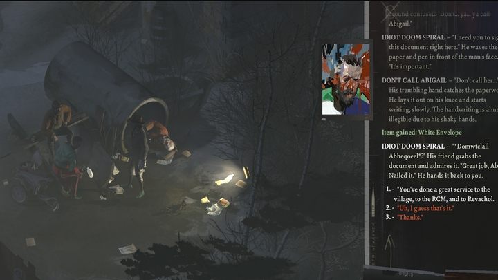 Podpisy od przypadkowych osób najłatwiej pozyskać od meneli przesiadujących w wiosce - w jednym dialogu otrzymacie od razu dwa podpisy - Disco Elysium: Zdobądź dwa podpisy dla Evrarta - solucja, opis przejścia - Disco Elysium - poradnik do gry