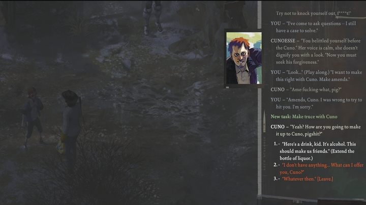 Zadanie to rozpoczyna się w przypadku, gdy próbujecie zaatakować Cuno (czerwony test w trakcie dialogu) i test umiejętności się nie powiedzie - Disco Elysium: Zawrzyj pokój z Cunem - solucja, opis przejścia - Disco Elysium - poradnik do gry
