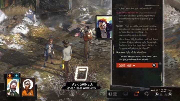 Dla przypomnienia Cuno to chłopak, którego spotkacie obok wiszącego mężczyzny, tzn - Disco Elysium: Podziel się towarem z Cunem - solucja - Disco Elysium - poradnik do gry