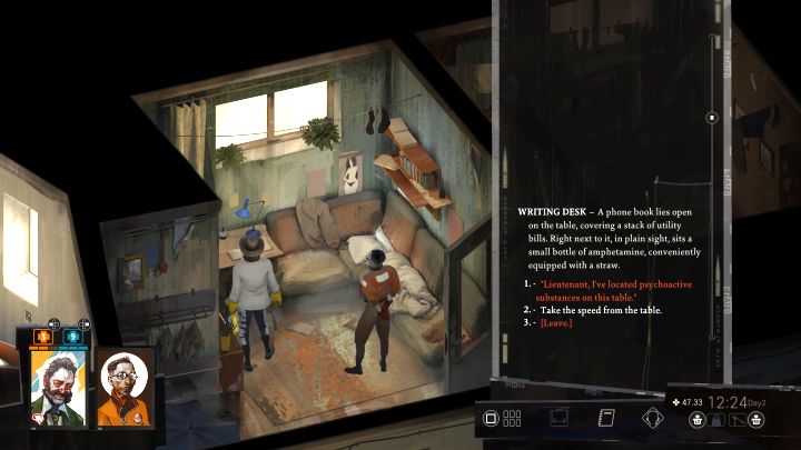 Podejdźcie do biurka, otwórzcie szufladę i zabierzcie speed - jest to pierwsze pomieszczenie mieszkania - Disco Elysium: Podziel się towarem z Cunem - solucja - Disco Elysium - poradnik do gry